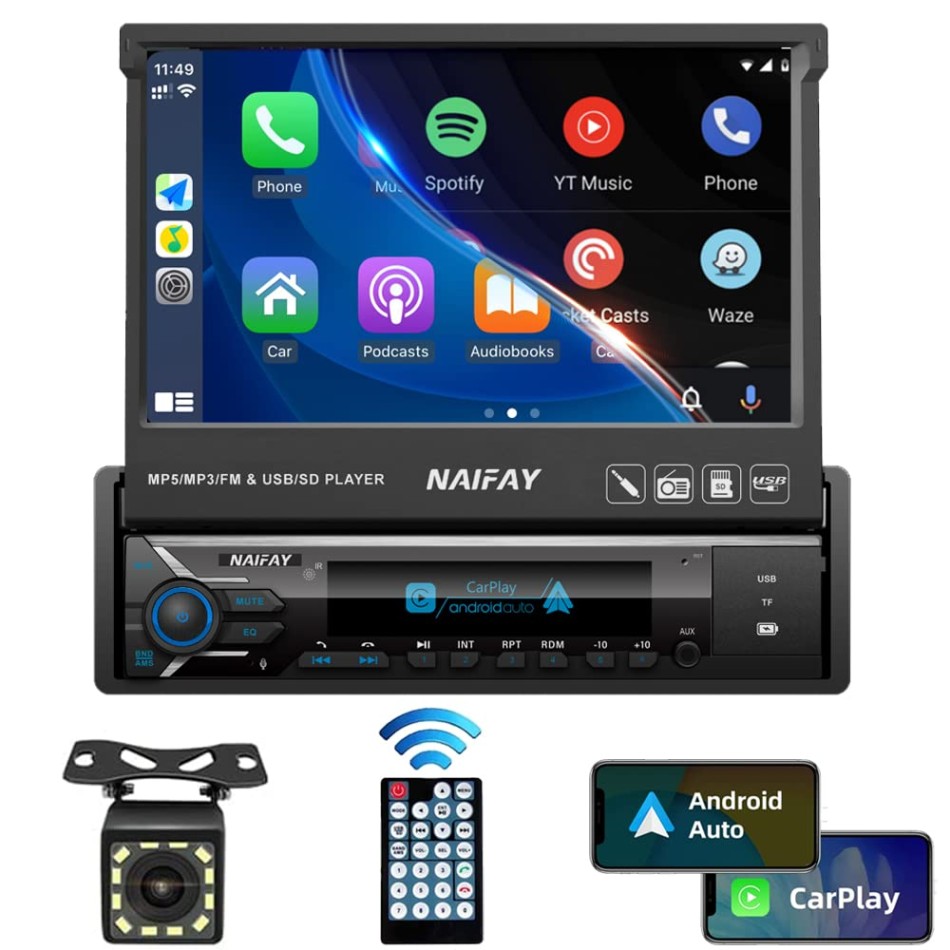 Naifay Single Din Touchscreen Car Stereo with Apple Carplay & Android Auto, INCH Flip Out Screen Car Stereo with Bluetooth Car Audio Receivers, HD